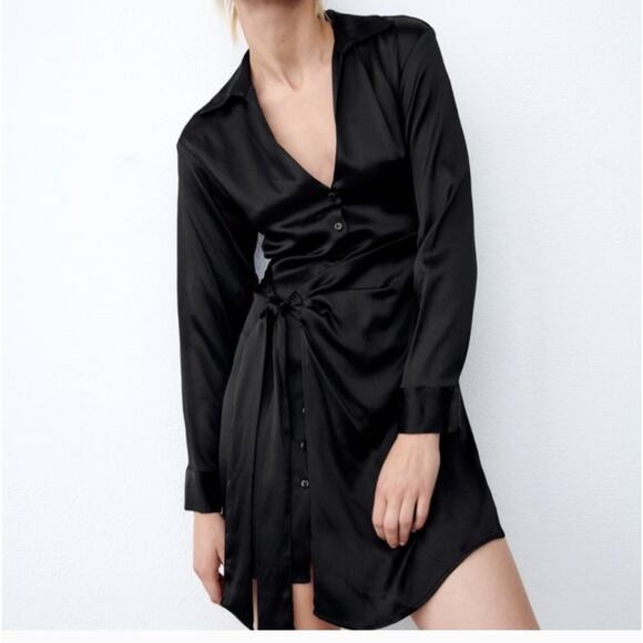 Zara Womans Black Faux Wrap Dress Size Medium V-neck Long Sleeve Button Down - Picture 1 of 7